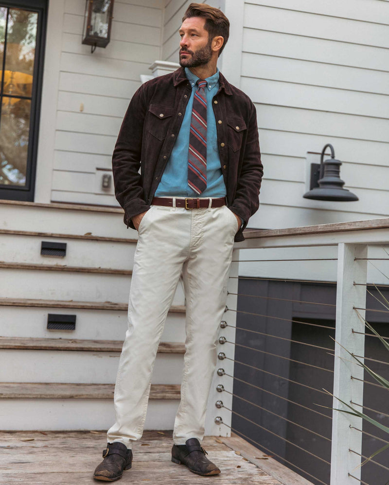 Male model wears the Chocolate Savoy Suede Workshirt