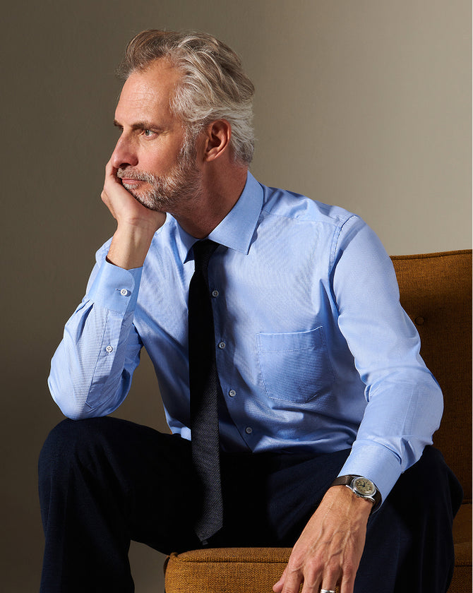 model wears a billy reid custom shirt