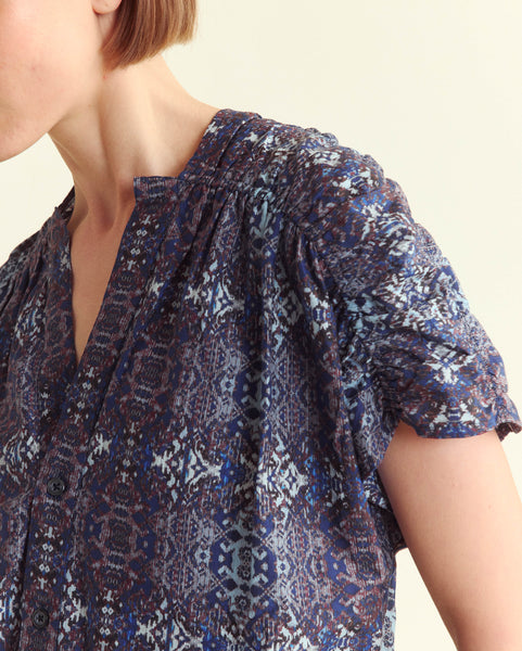 Indigo Ikat Printed Button-Front V-Neck Blouse | Billy Reid