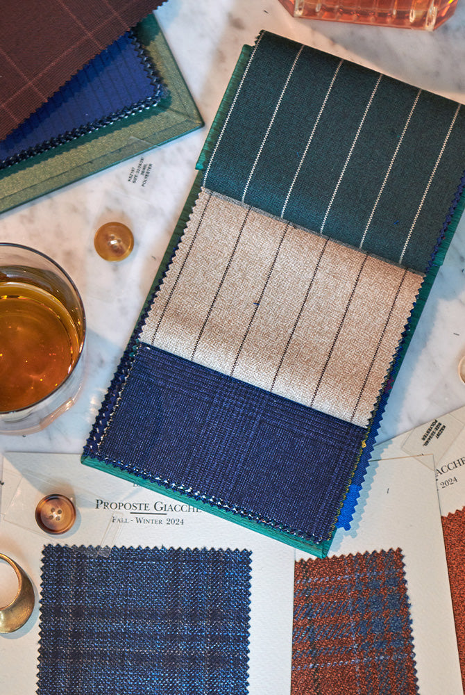 Photo displays some of Billy Reid's custom swatches.