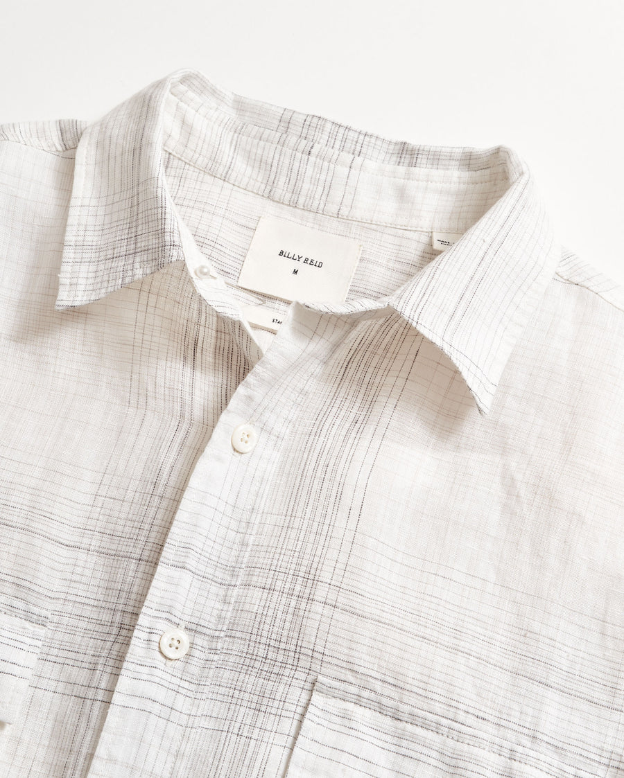 Short Sleeve Linen Line Plaid Banks Shirt in White/Multi