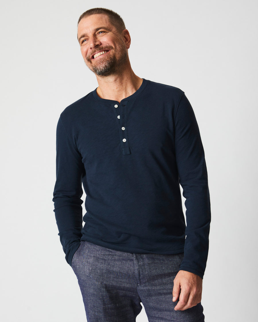 Long Sleeve Organic Cotton Henley in Carbon Blue