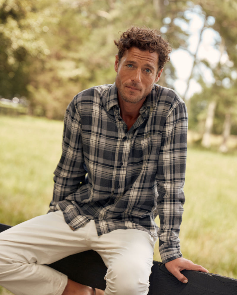 Male model wears the Billy Reid Brushed Bold Plaid Tuscumbia