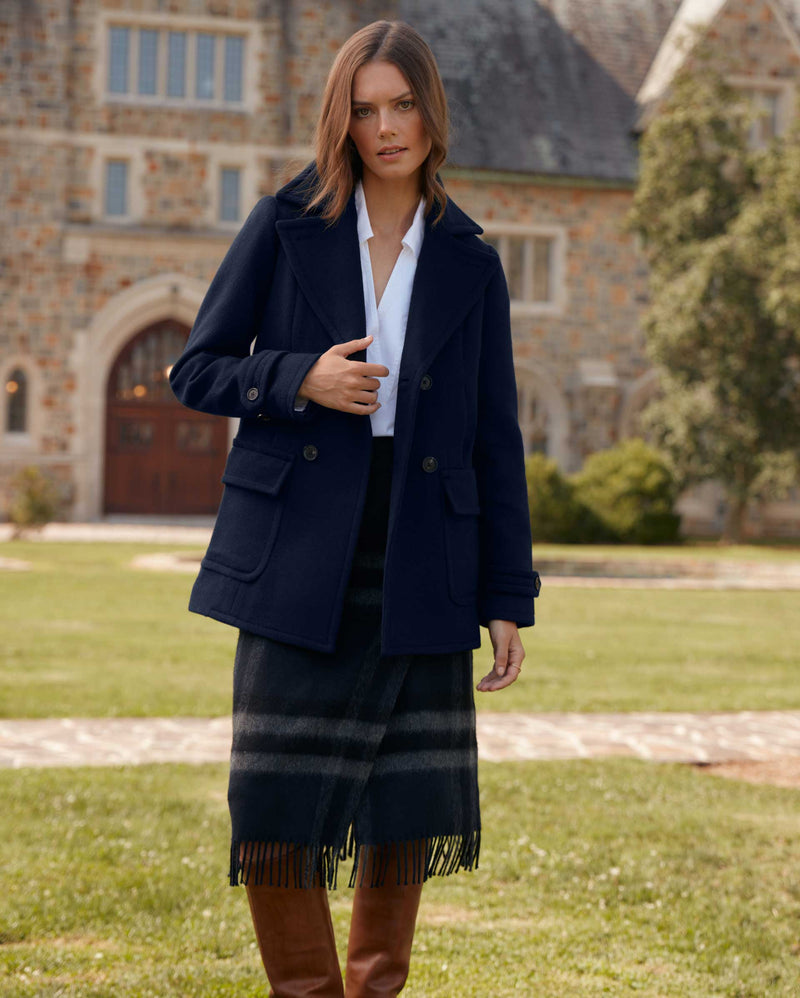 Female model wears the peacoat