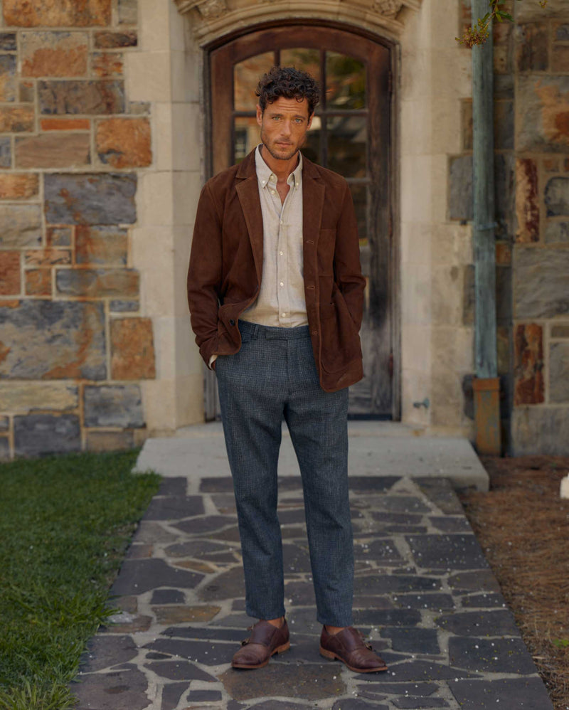 Male model wears Billy Reid Rivermont Suede Jacket