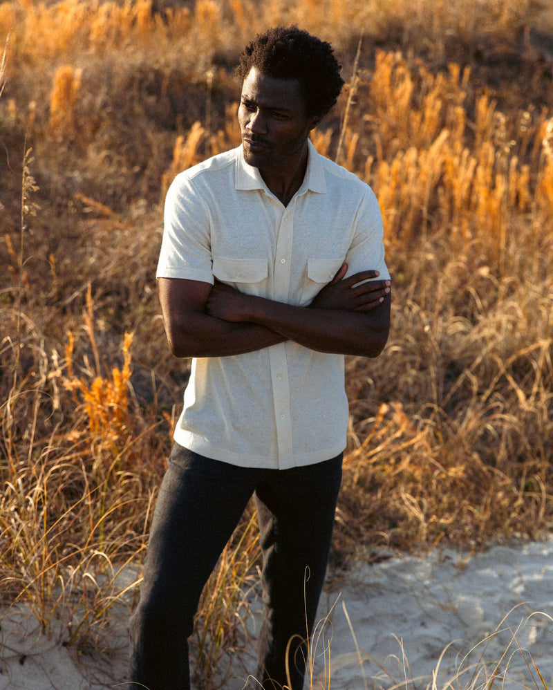 Male model wears the Hemp Cotton Knit Shirt