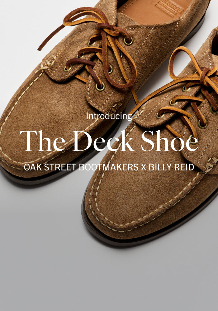 Brown deck shoes with brown laces on a light gray background, featuring text introducing Oak Street Bootmakers and Billy Reid.