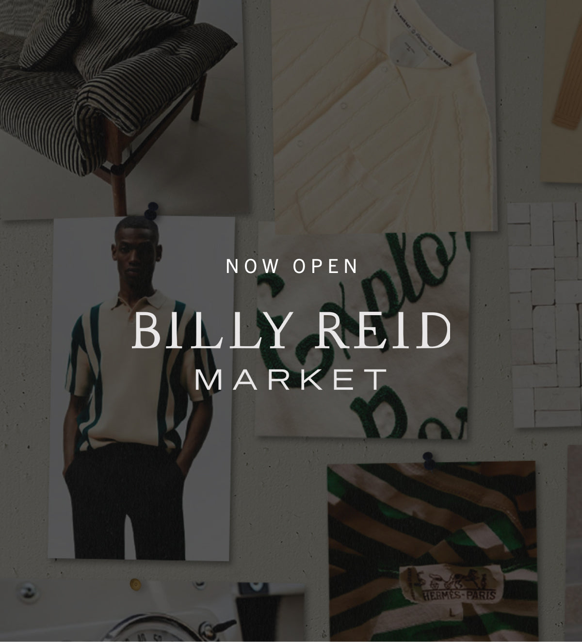 Promotional image for Billy Reid Market with fashion items and text overlay.
