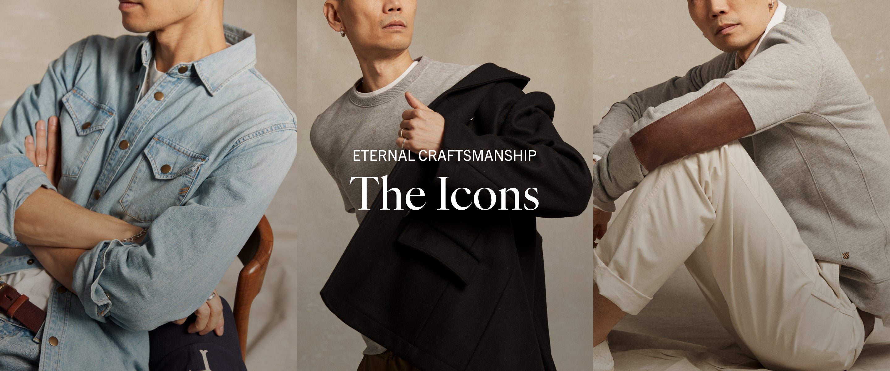 Three individuals in different poses with text 'Eternal Craftsmanship' and 'The Icons' on a neutral background.