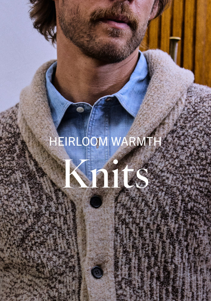 Man wearing a textured knit cardigan with text 'Heirloom Warmth Knits' on a neutral background