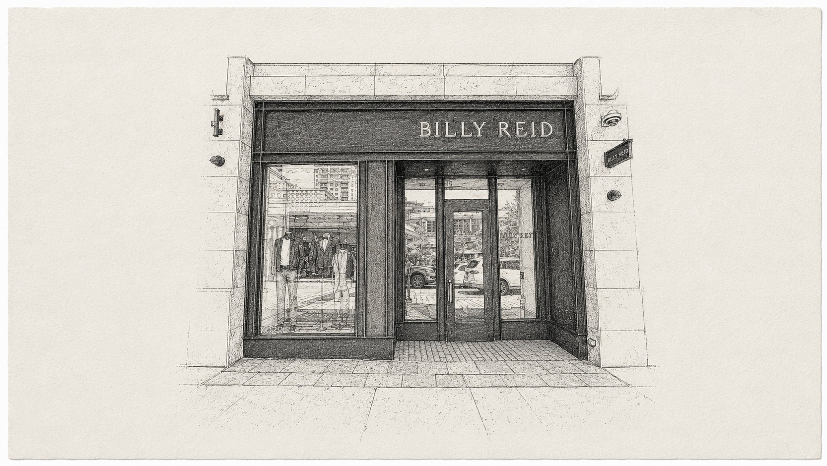 A black and white architectural sketch of a storefront with the text 'BILLY REID' above the entrance, shown on a plain light background.