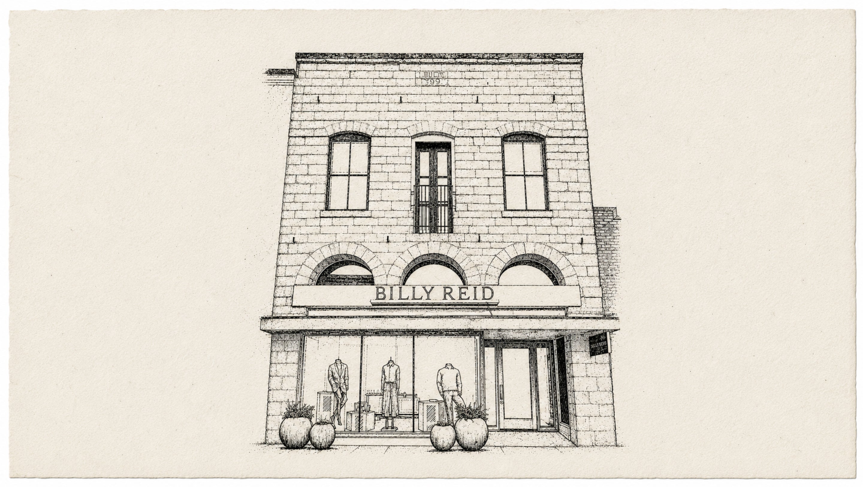 A black and white architectural sketch of a brick storefront building with the name 'BILLY REID' above the entrance, shown on a plain light background.
