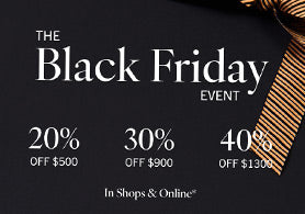 Black Friday promotional banner with discount percentages and a gold bow tie on a black background.