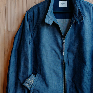 Blue jacket hanging on a wooden wall