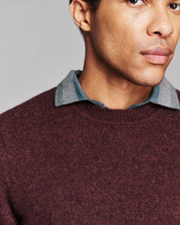 A close-up of a man wearing a textured burgundy knit crewneck sweater layered over a blue-gray collared shirt, against a neutral gray background.