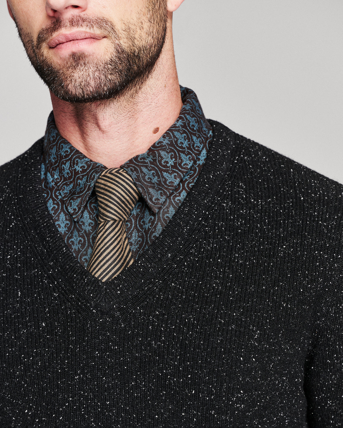 Close-up of a man wearing a black speckled V-neck sweater over a patterned blue and brown dress shirt with a striped tie, against a light gray background.