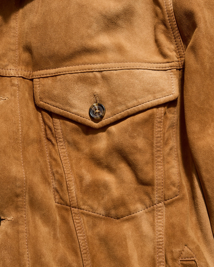 Close-up of a brown leather jacket with a pocket and button.