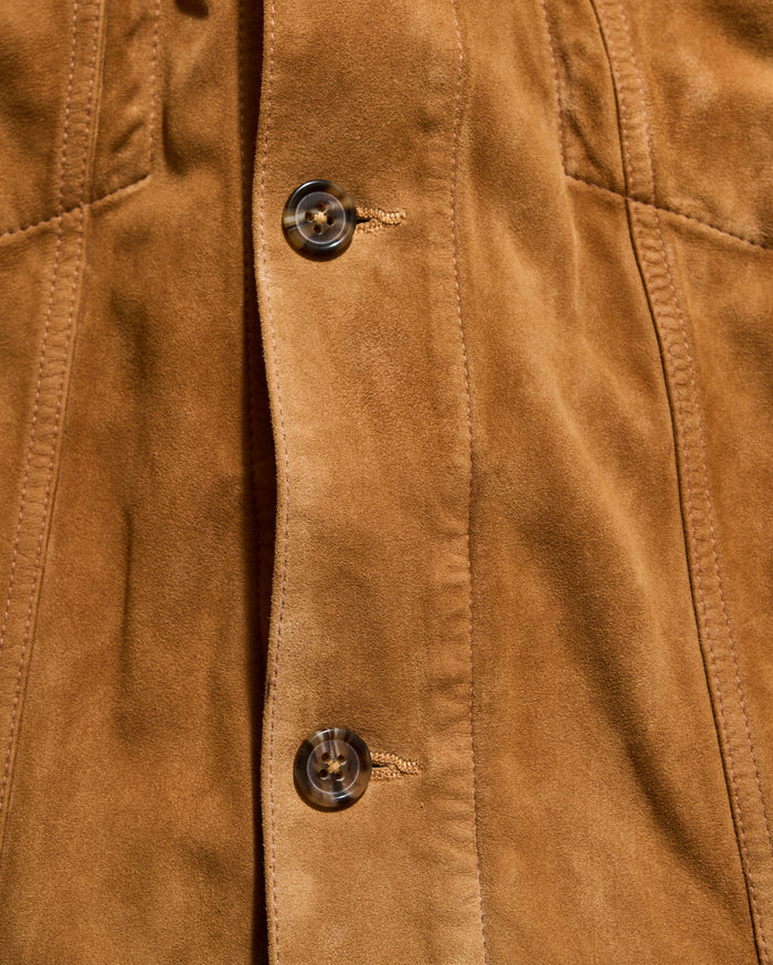 Close-up of a brown suede jacket with buttons