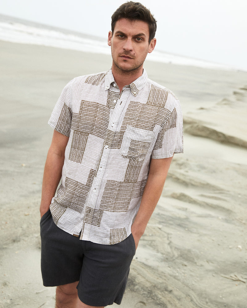 Short Sleeve Brick Patchwork Tuscumbia Shirt Button Down