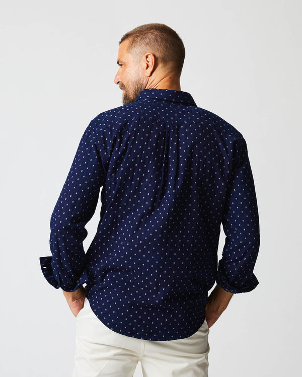 Male model wears the Tuscumbia Shirt in Indigo/White