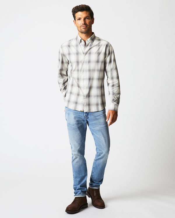 Male model wears the Shadow Plaid Tuscumbia Shirt Hidden BD Grey