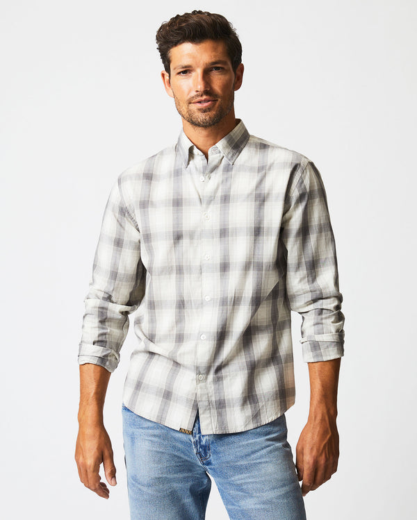 Male model wears the Shadow Plaid Tuscumbia Shirt Hidden BD Grey