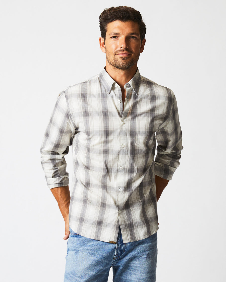 Male model wears the Shadow Plaid Tuscumbia Shirt Hidden BD Grey