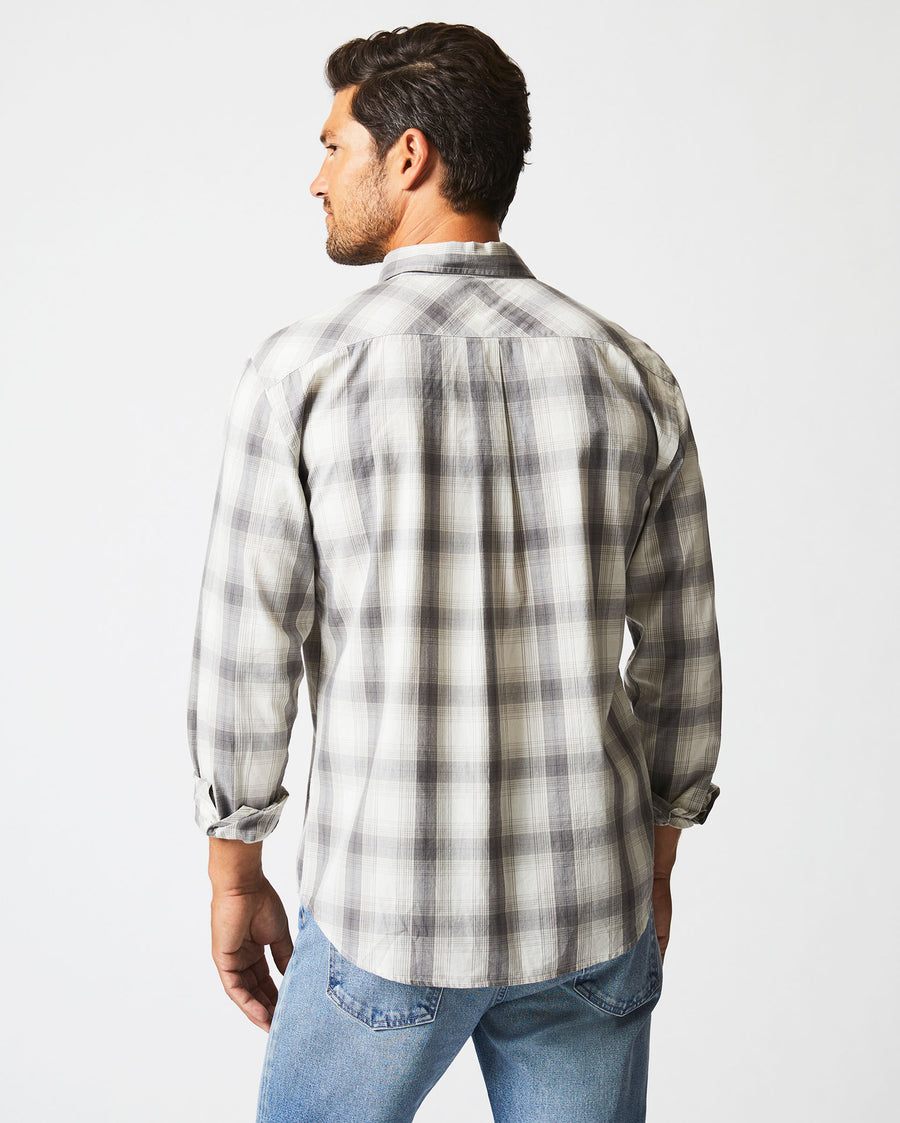 Male model wears the Shadow Plaid Tuscumbia Shirt Hidden BD Grey