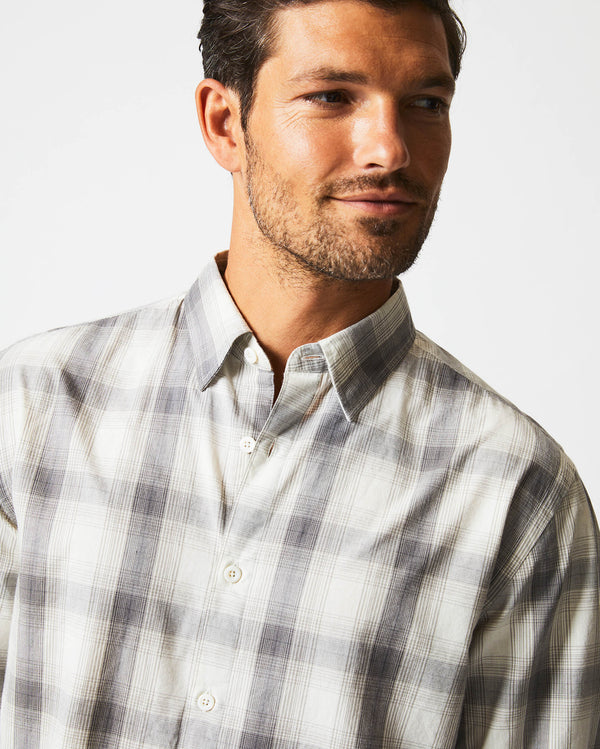 Male model wears the Shadow Plaid Tuscumbia Shirt Hidden BD Grey