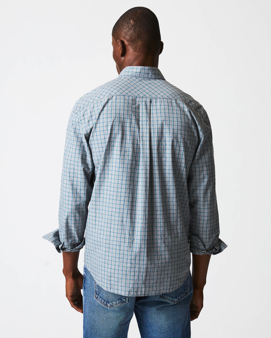 Male model wears the Melange Windowpane Tuscumbia Shirt Hidden Button Down in Grey/Teal