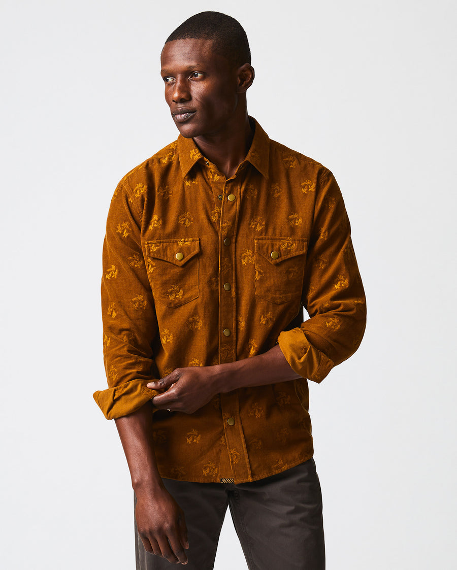 Male model wears the Pelican Cord Western Snap Front Shirt