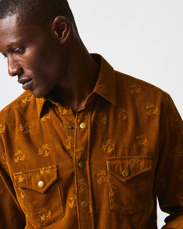 Male model wears the Pelican Cord Western Snap Front Shirt