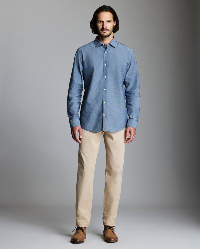 Model wears the Chambray Holt Dress Shirt