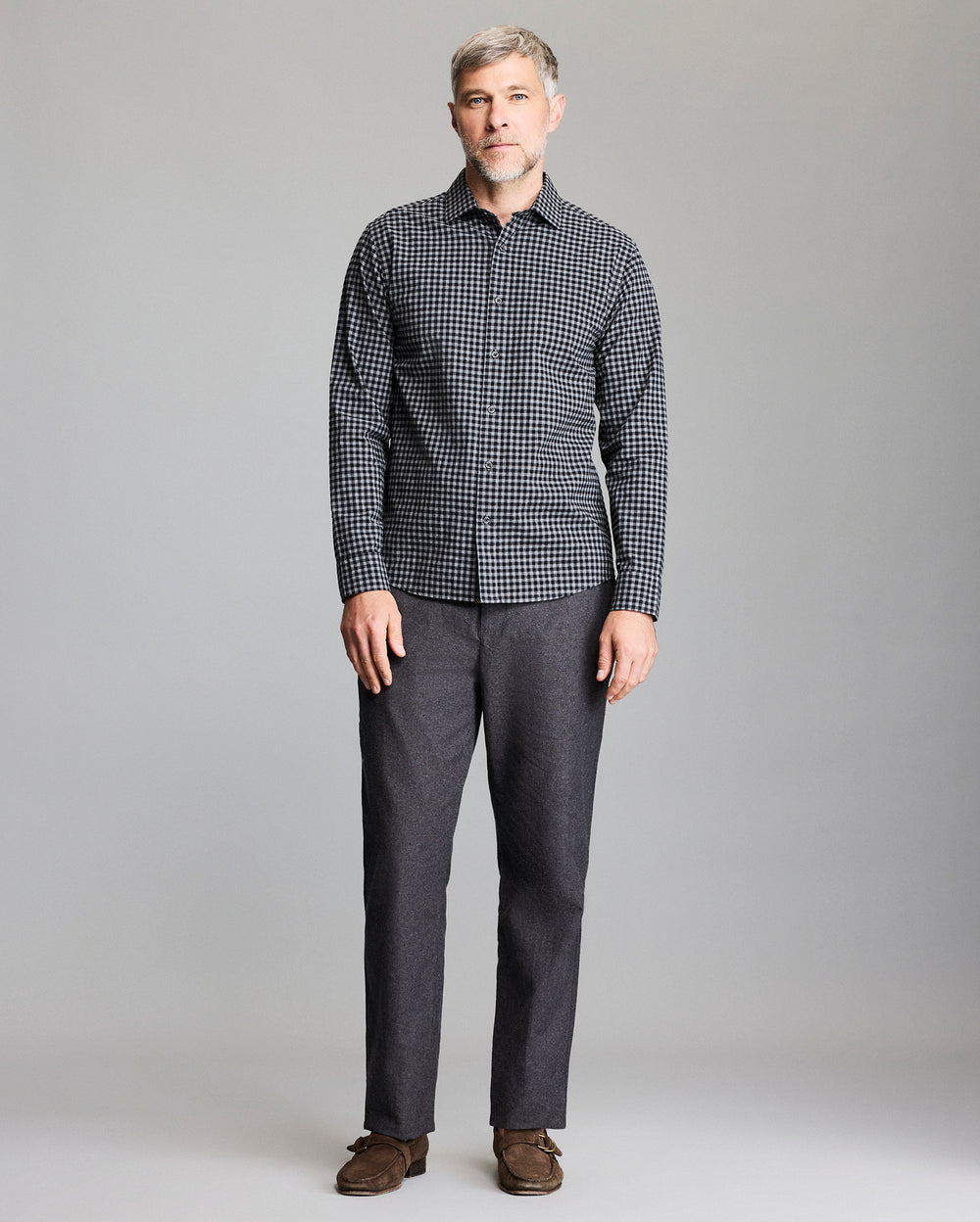 Model wears the Plaid Check Hutcheson Sport Shirt in Navy-Grey