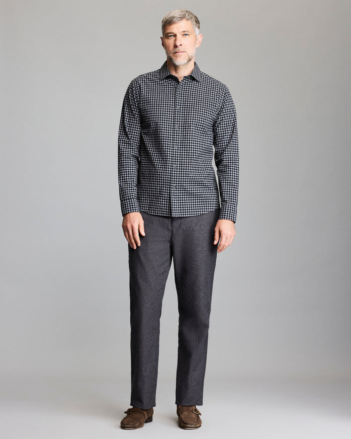Model wears the Plaid Check Hutcheson Sport Shirt in Navy-Grey