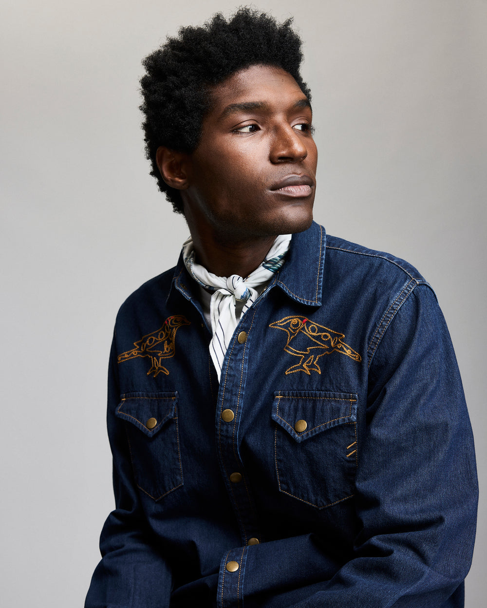 Model wears the Butch Anthony x Billy Reid Yellowhammer Shirt
