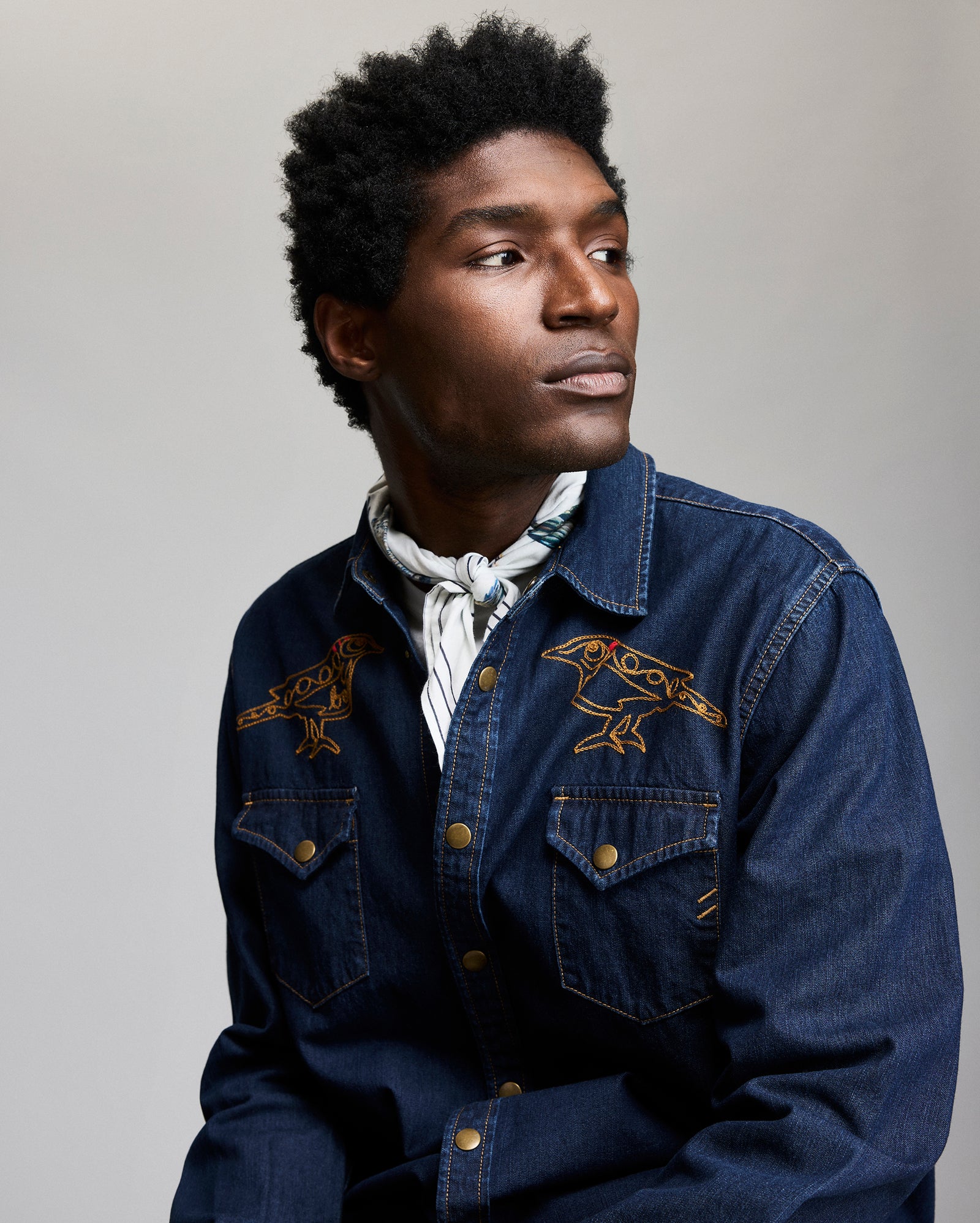 Model wears the Butch Anthony x Billy Reid Yellowhammer Shirt