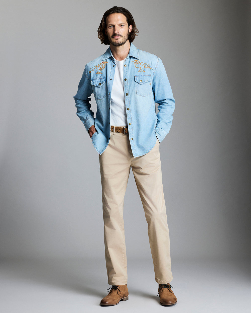Model shows the fit of the artist series shoals denim shirt