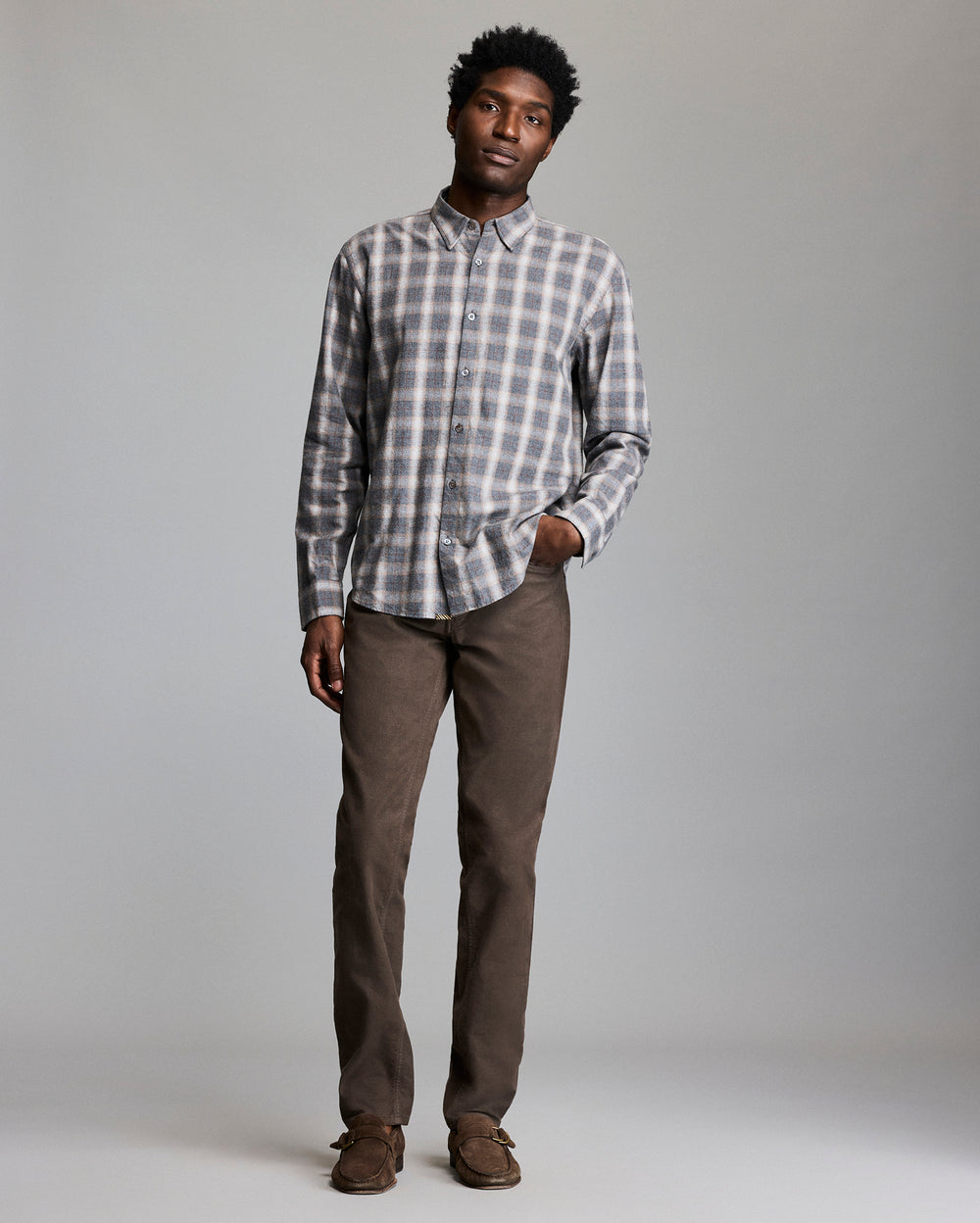 Male model wears the Melange Grid Plaid Wilson Shirt