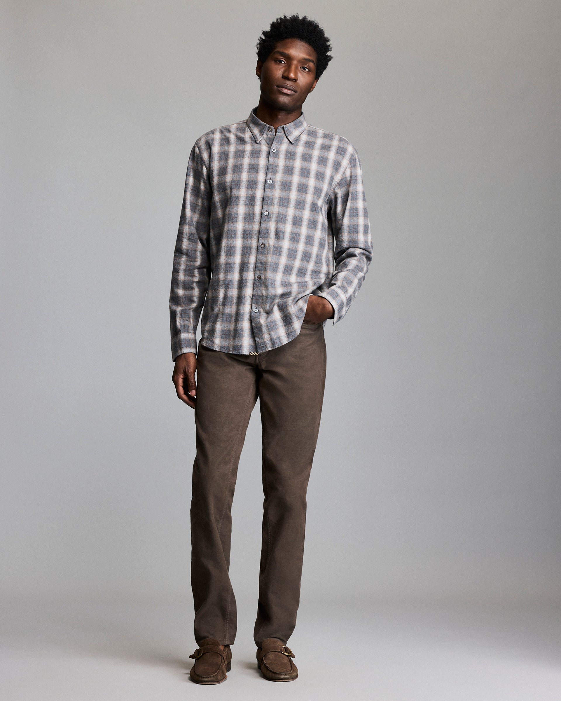Male model wears the Melange Grid Plaid Wilson Shirt