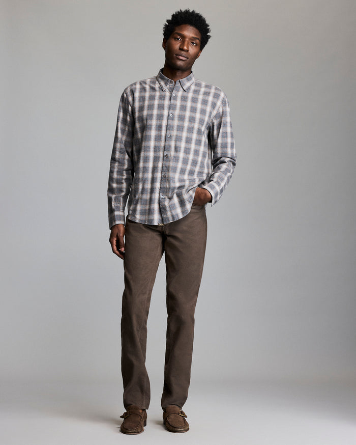 Male model wears the Melange Grid Plaid Wilson Shirt