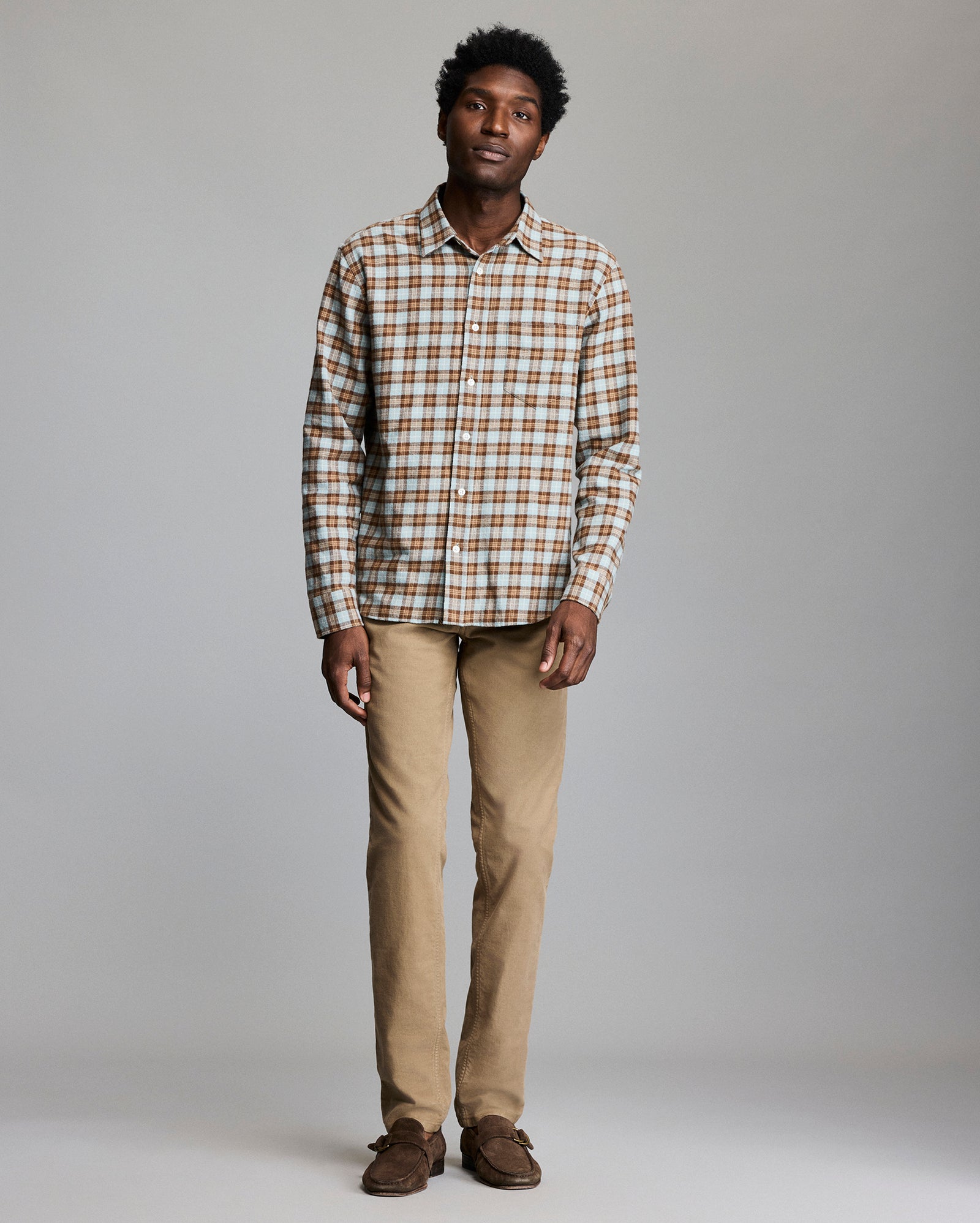 Model wears the Twill Plaid Cypress Shirt