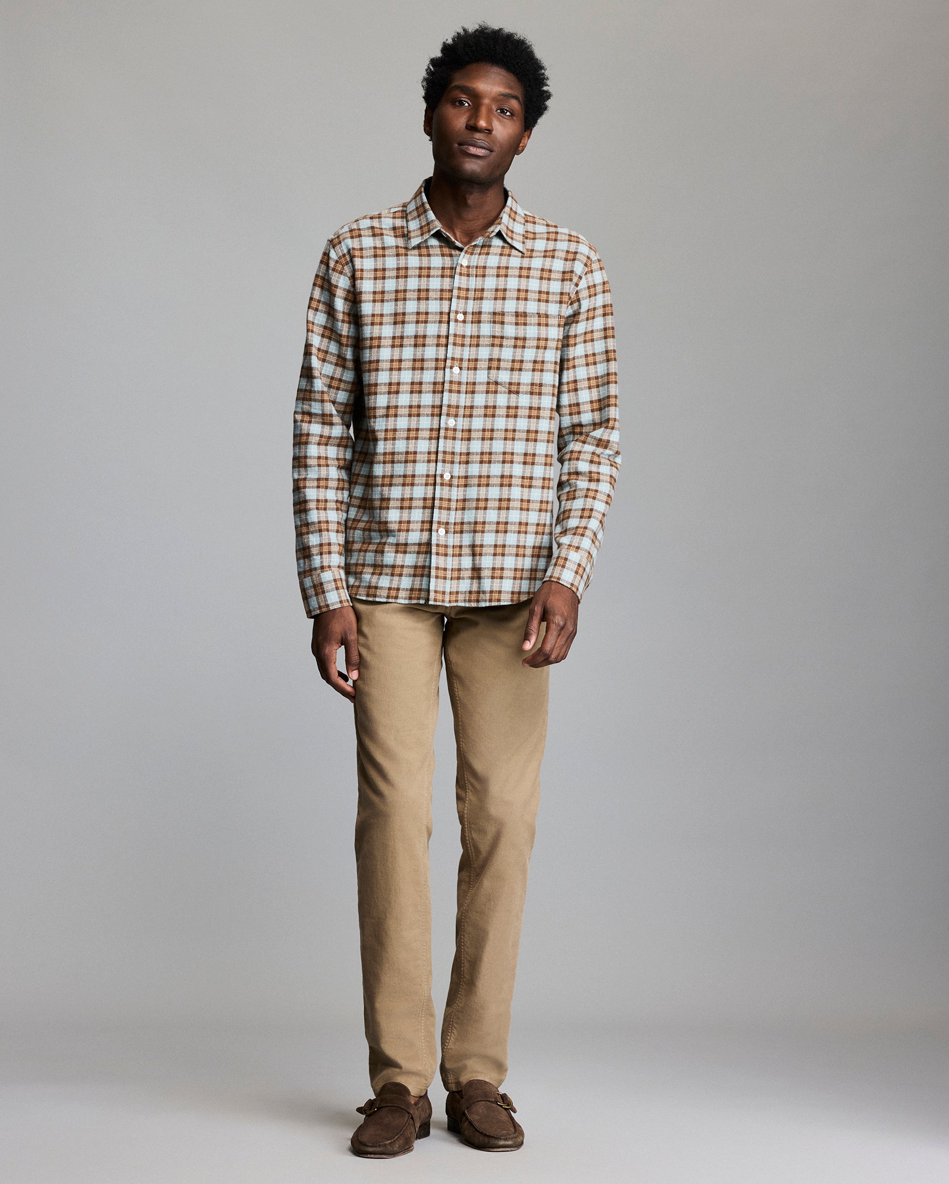 Model wears the Twill Plaid Cypress Shirt