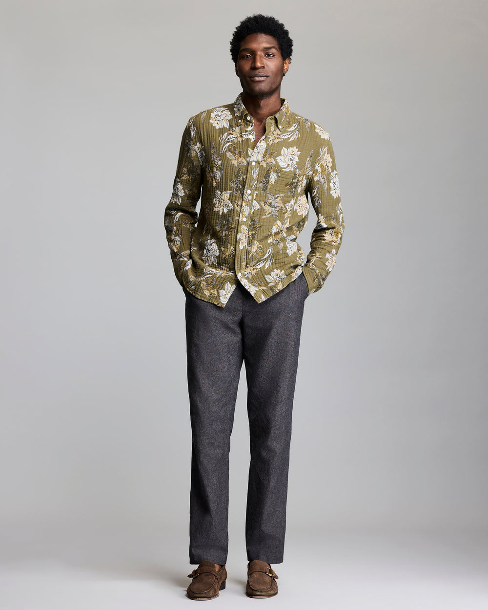 Model shows the fit of the Peony Jcquard Shirt