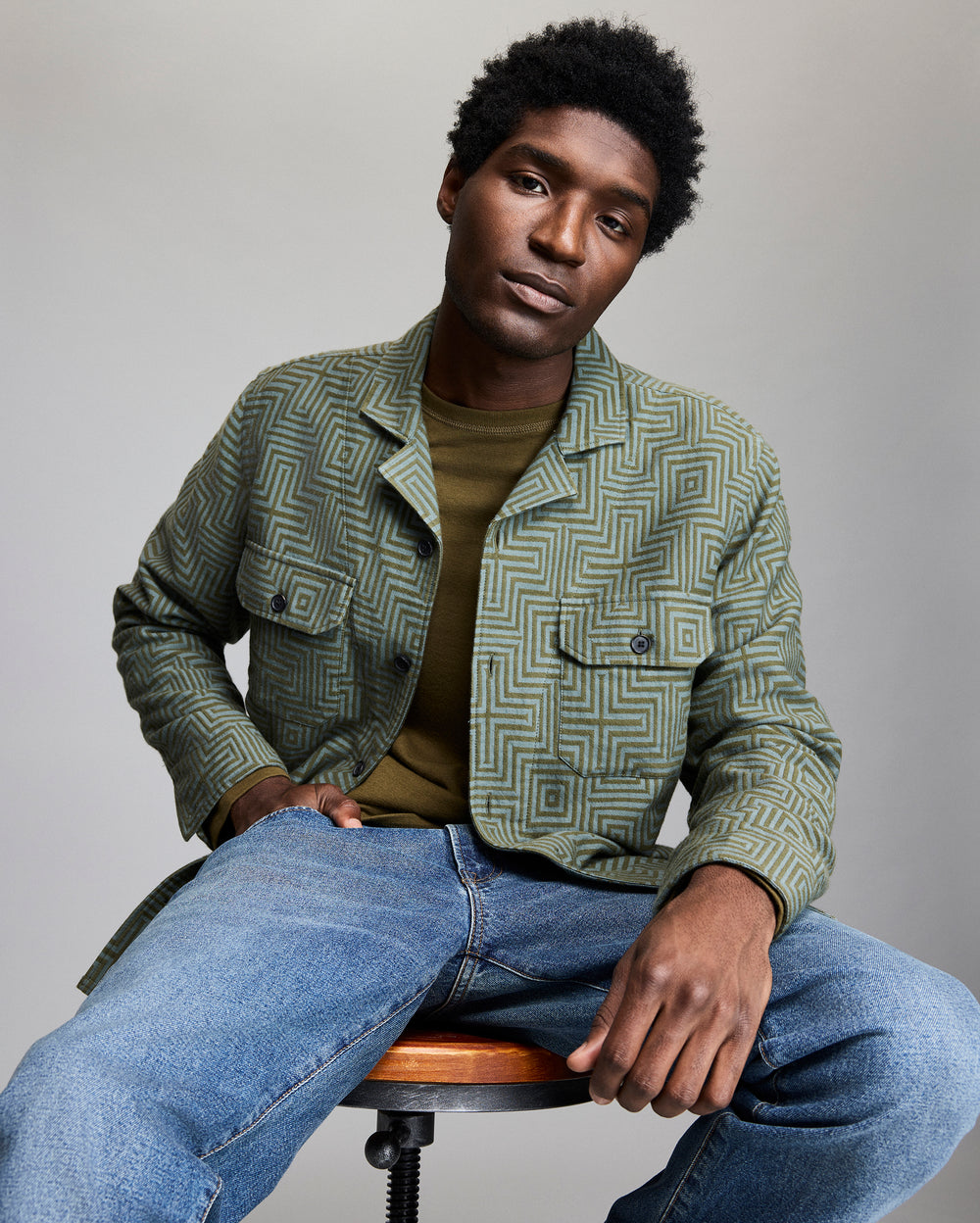 Model wears the Optical Jacquard Overshirt