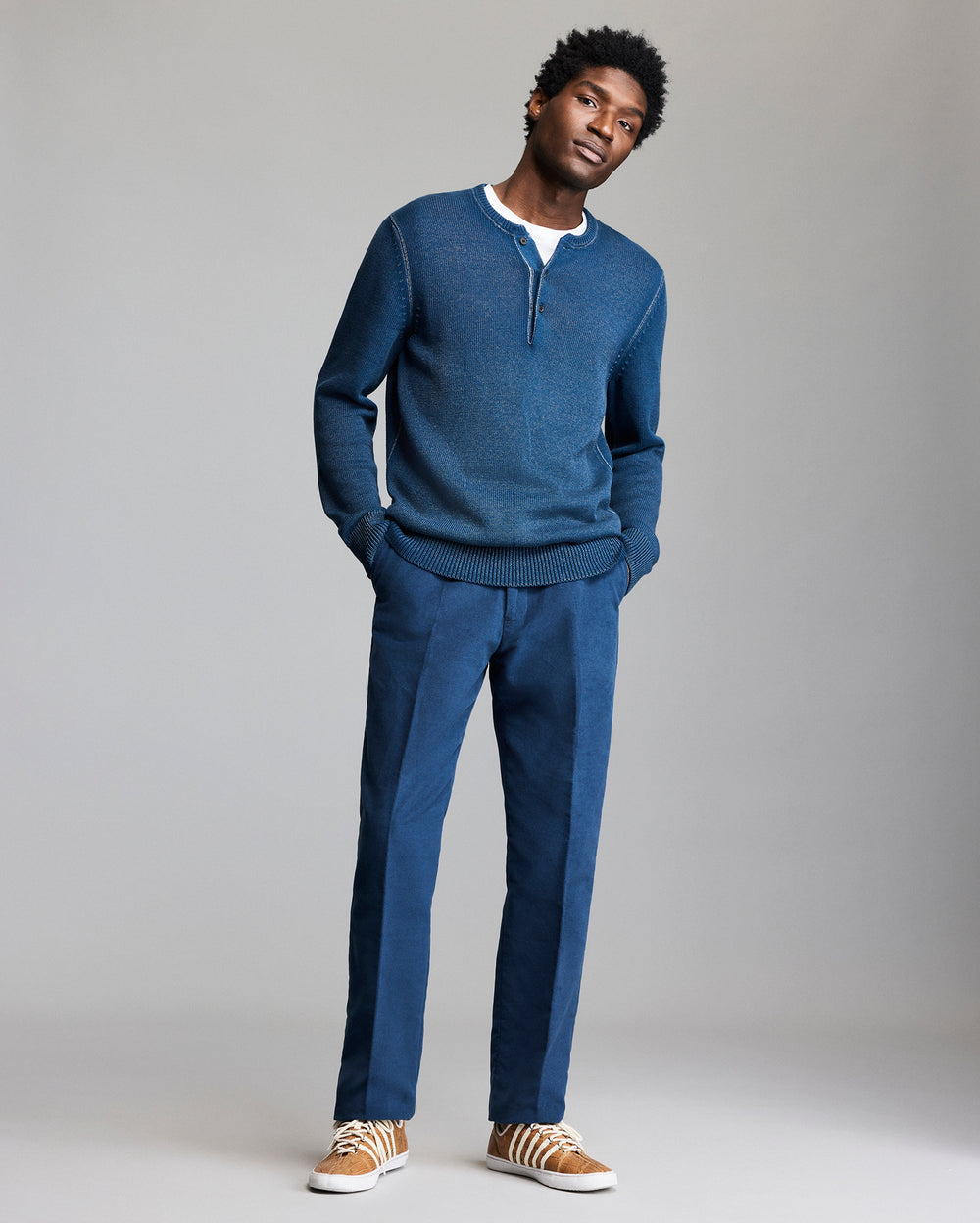 Billy Reid Men's Garment-Dyed Henley Sweater - Blue - Crew Neck Billy Reid Men's Garment-Dyed Henley Sweater - Blue - Crew Neck