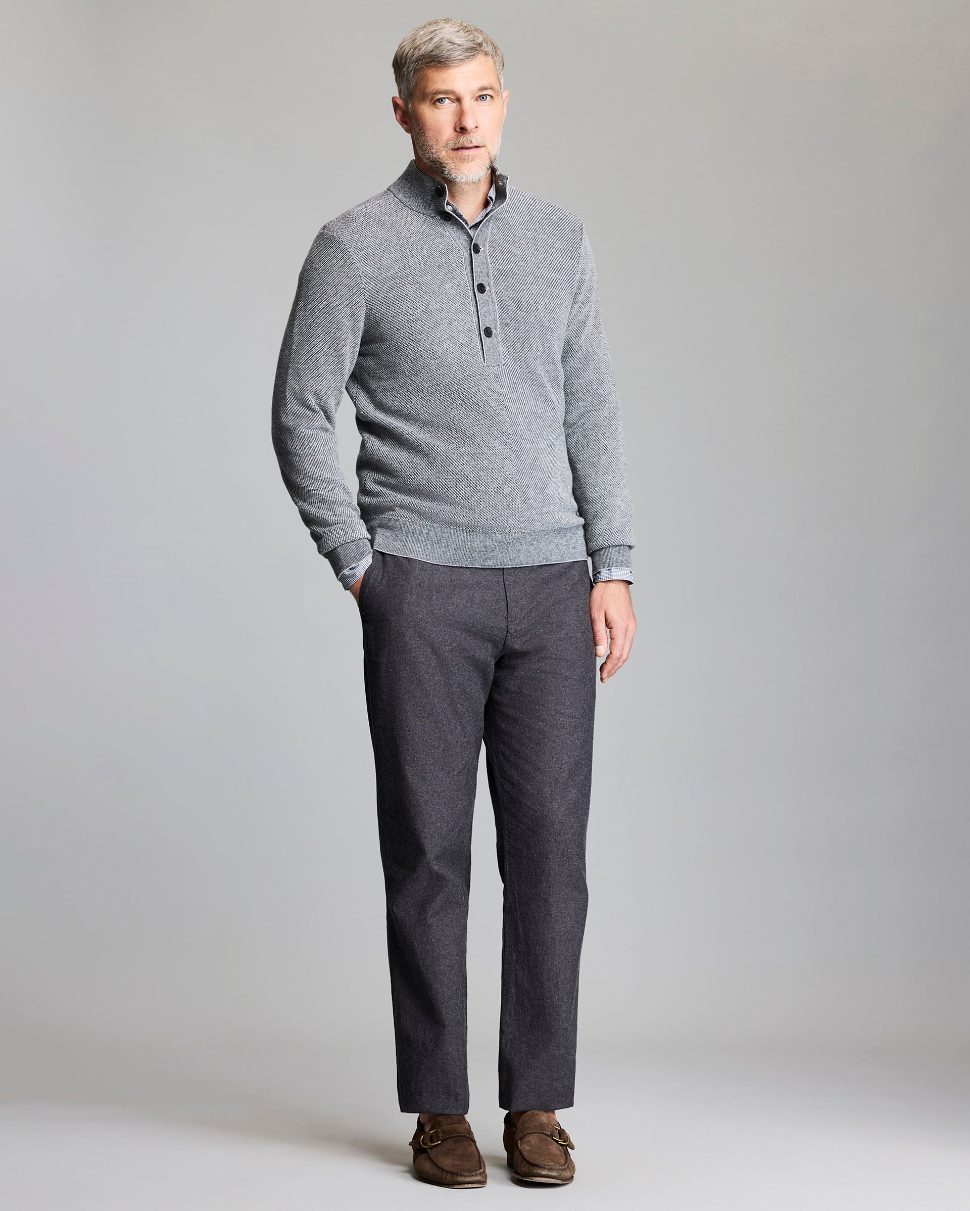 Model wears the Button Placket Twill Pullover