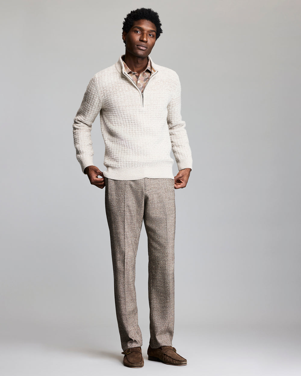 Basketweave Half Zip Sweater in Oatmeal