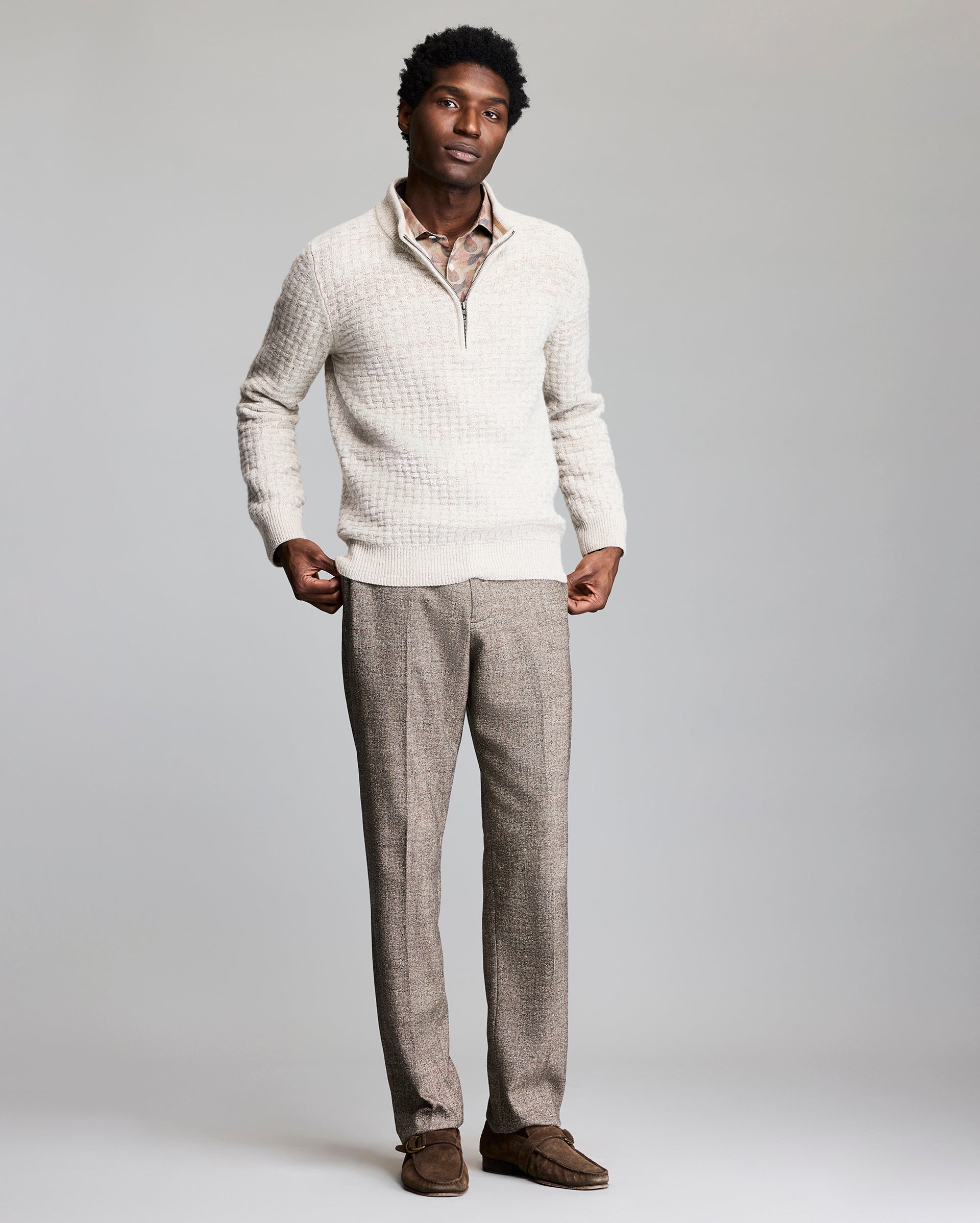 Basketweave Half Zip Sweater in Oatmeal