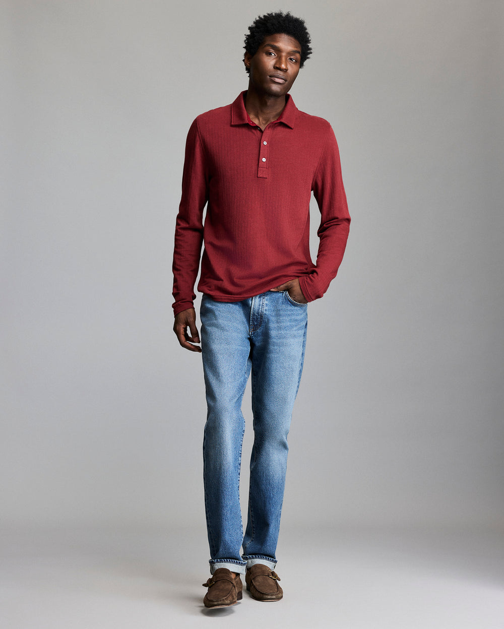 Model shows the fit of the shirt.
